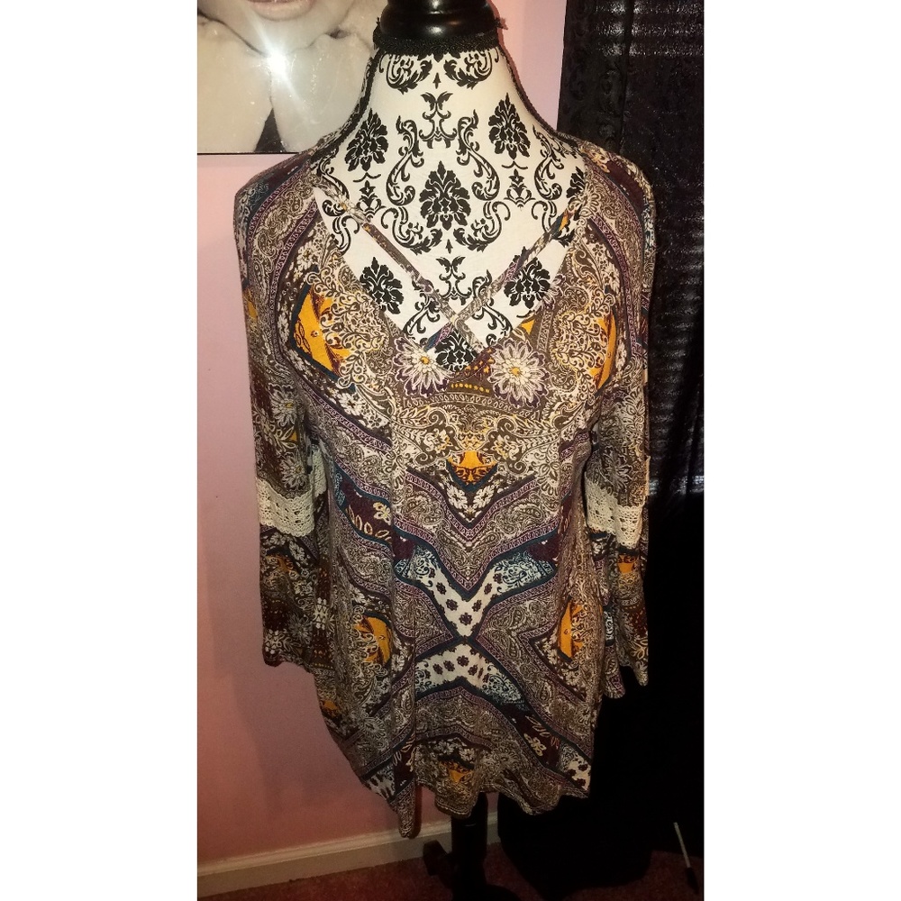 Brown and purple paisley printed bell sleeve top